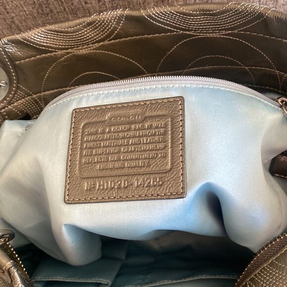 Coach Women’s Patent Leather Gray Stitched Monogram Top Zip Shoulder Handbag - Picture 4 of 16